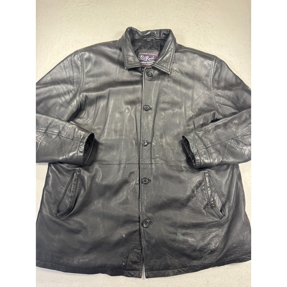Vintage 90s Real‎ Leather Jacket Mens Black Minimalist Streetwear Button Front